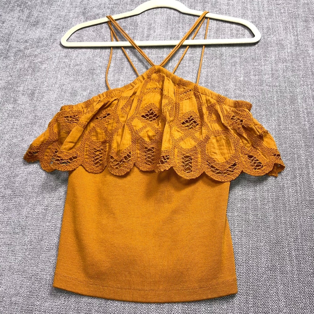 Anthropologie Camisole Top Womens Small Rust Halter Neck Ruffled Lace Preppy